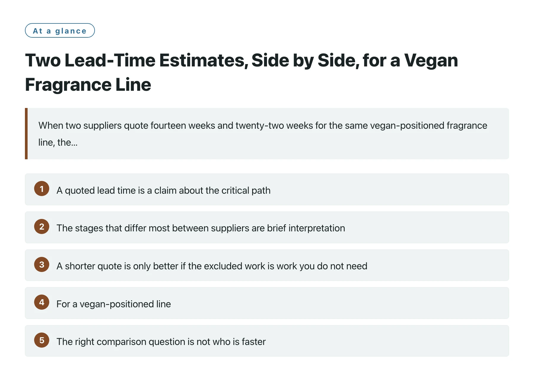 Two Lead-Time Estimates, Side by Side, for a Vegan Fragrance Line——全文要点速览