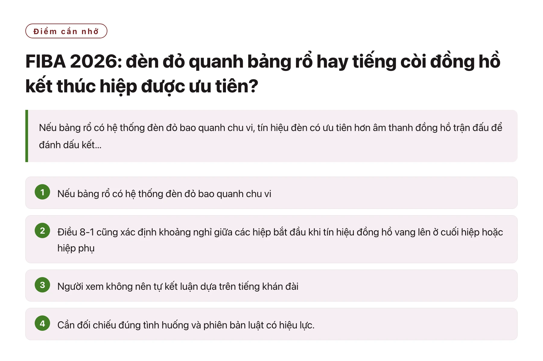 FIBA 2026: đèn đỏ quanh bảng rổ hay tiếng còi đồng hồ kết thúc hiệp được ưu tiên?——全文要点速览