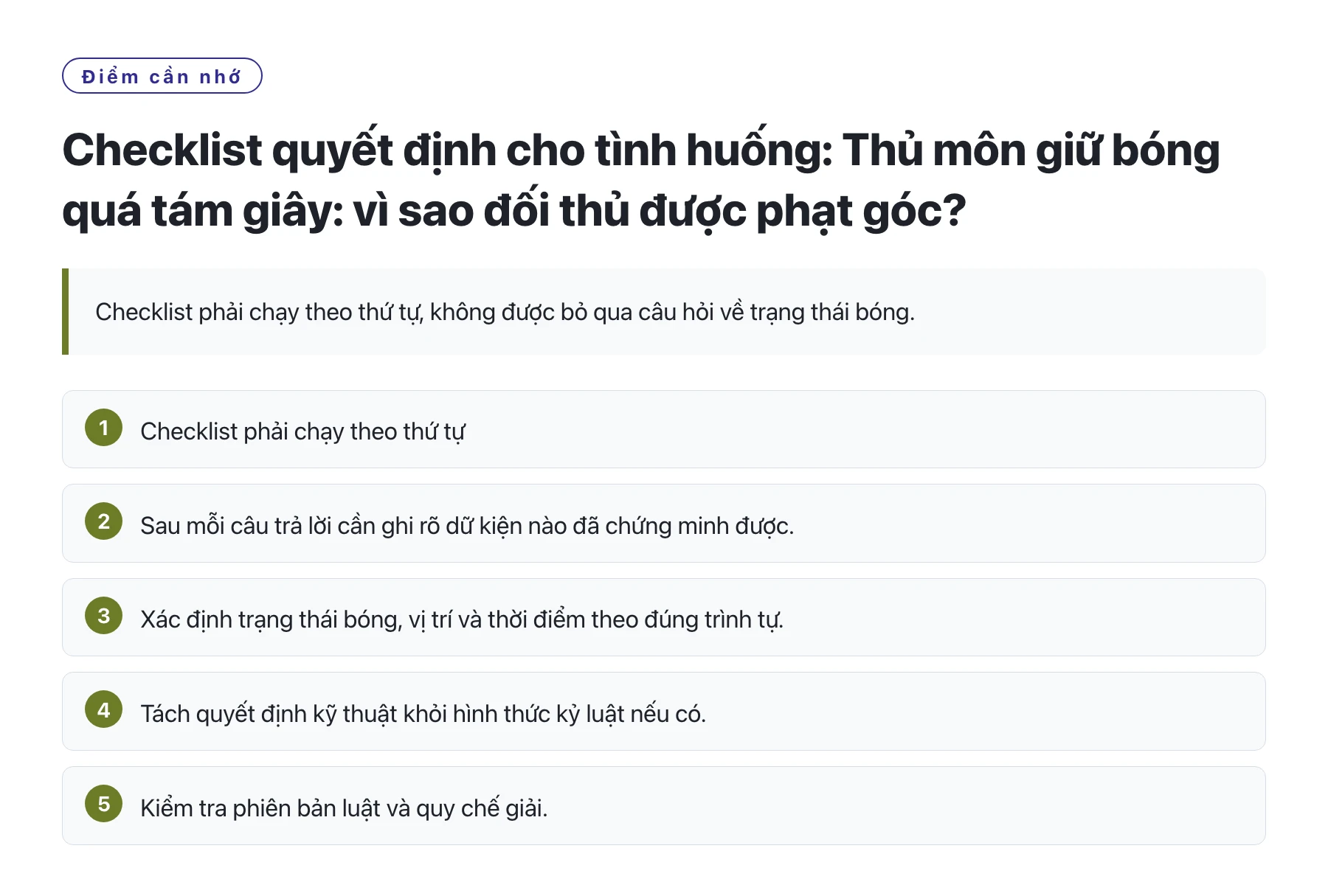 Checklist quyết định cho tình huống: Thủ môn giữ bóng quá tám giây: vì sao đối thủ được phạt góc?——全文要点速览